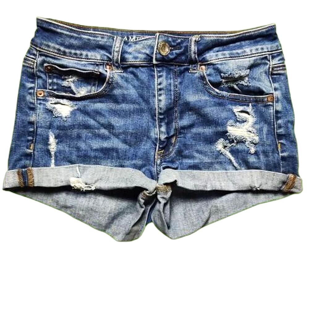 American Eagle Hi-Rise Super Stretch Denim Shorts Women’s Size 6 Distressed Blue